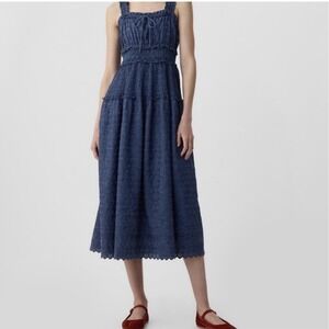 Gap x Doen Blue Eyelet Smocked Midi Dress Small Cotton Tiered Boho Ruffle